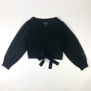 Bebe Beaded Black Crop Sheer Sleeve Knit Cardigan